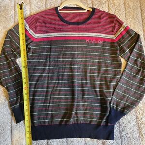 PLAYBOY Gray Crewneck Sweater with Pink & Navy Stripes